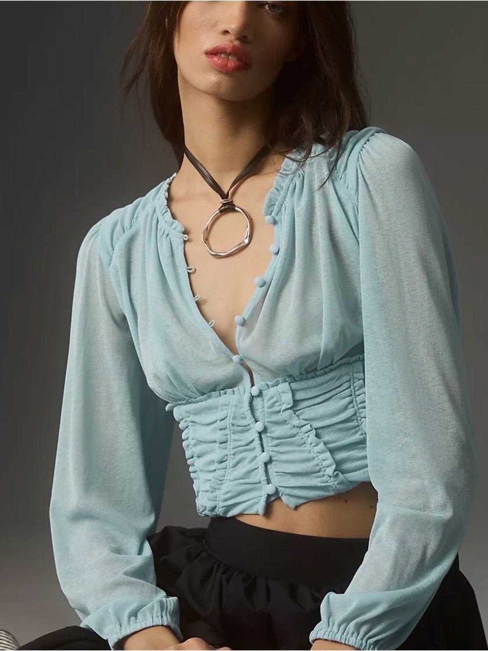 Anthropologie Long Sleeve Femme Ruched Cropped Top Women's Blue size M Romantic